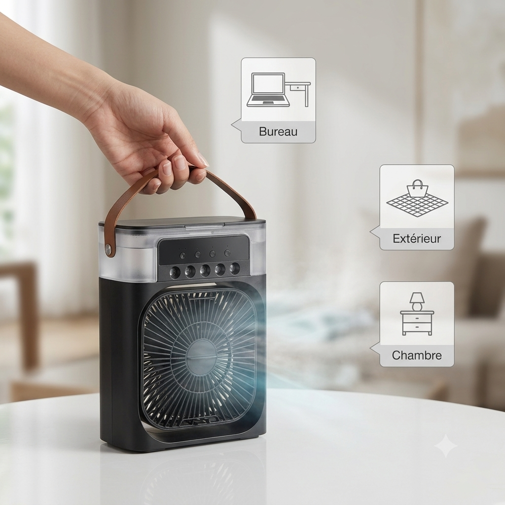 Mini Climatiseur portable  3-en-1 💨 Ventilateur + Humidificateur + Lumière LED