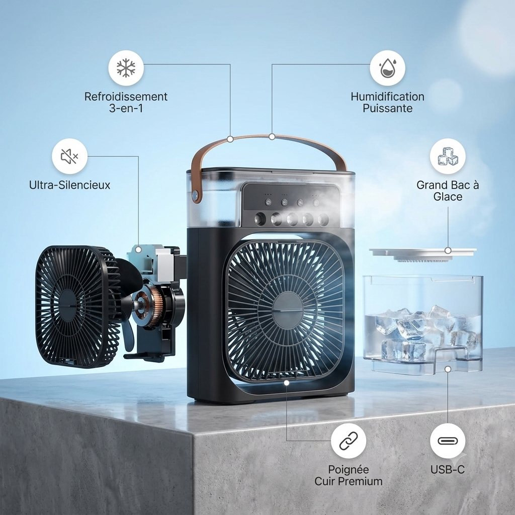 Mini Climatiseur portable  3-en-1 💨 Ventilateur + Humidificateur + Lumière LED