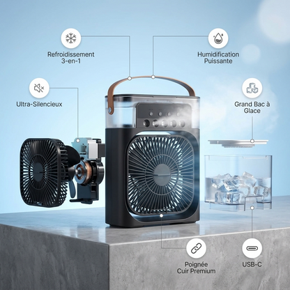 Mini Climatiseur portable  3-en-1 💨 Ventilateur + Humidificateur + Lumière LED